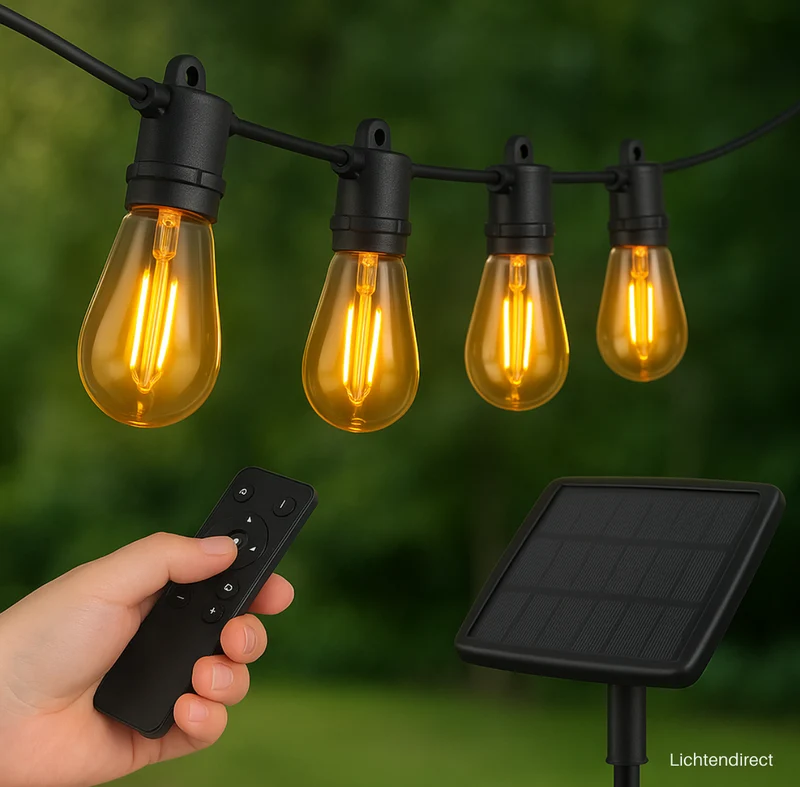 Solar Lichtsnoer – 15 Meter – 15 LED Lampen – Tuinverlichting op zonne-energie– Afstandsbediening – IP65 Waterdicht