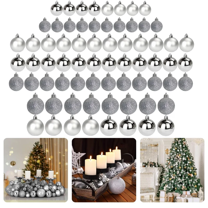 Cheqo® Luxe Kerstballen Set - Kerstballenset - Kerstdecoratie - Kerstboom Versieren - Kerstversiering - Onbreekbaar - Met Ophangoogje - Kerstversiering Kerstboom - Mat - Glans - Glitter - 70 Stuks - Zilver - Verschillende Texturen en Maten