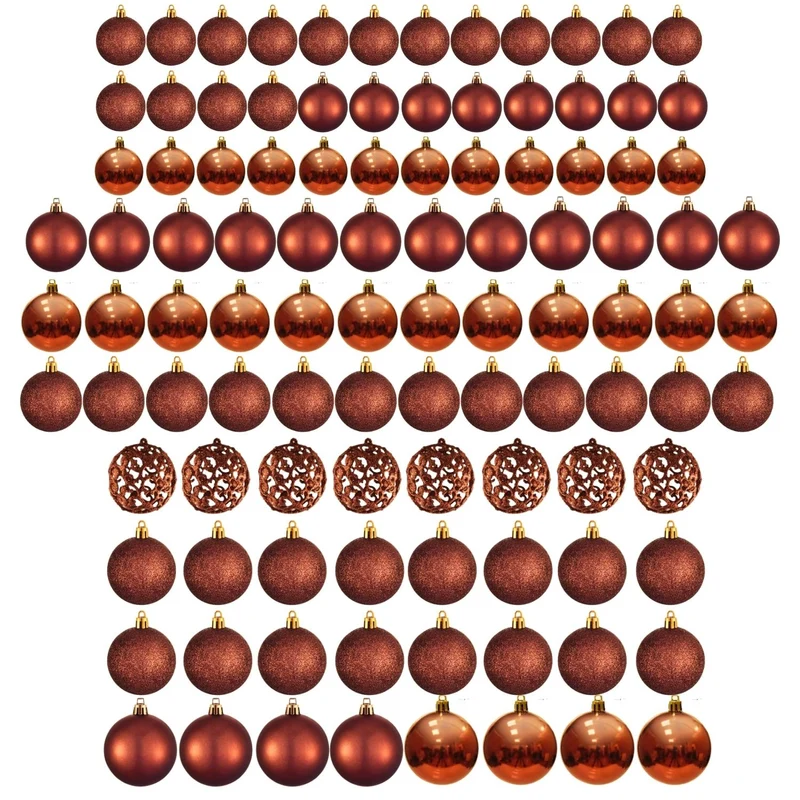 Cheqo® Luxe Kerstballen Set - Kerstballenset - Kerstdecoratie - Kerstboom Versieren - Kerstversiering - Onbreekbaar - Met Ophangoogje - Kerstversiering Kerstboom - Mat - Glans - Glitter - 100 Stuks - Koper - Bruin - Verschillende Texturen