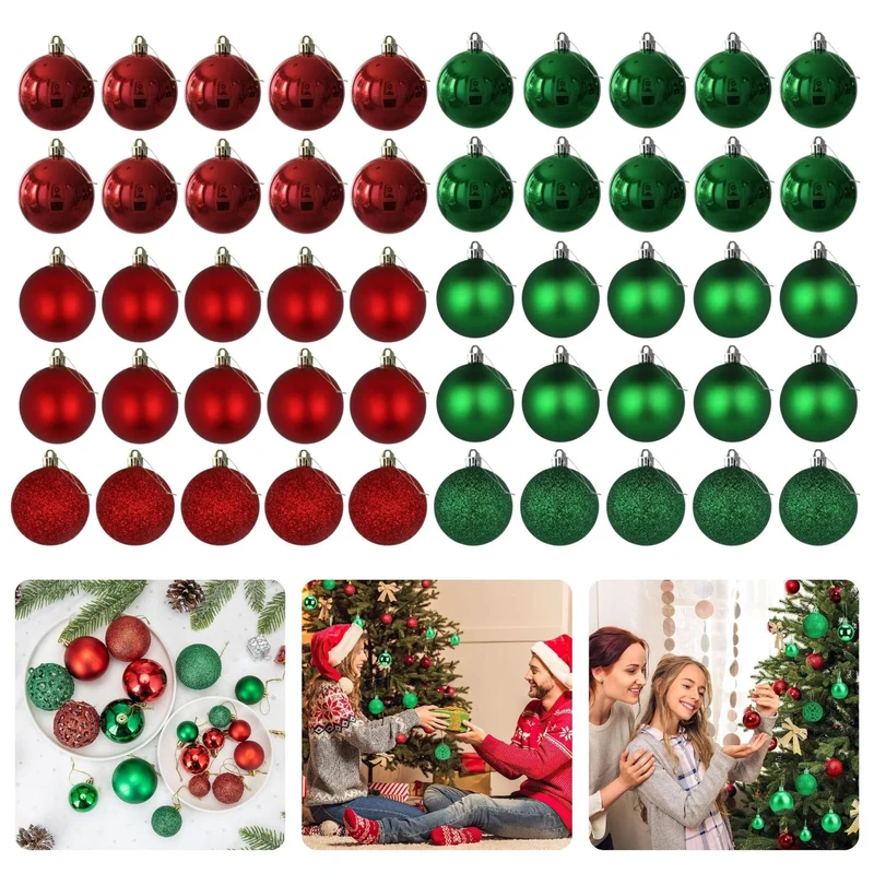 Cheqo® Luxe Kerstballen Set - Onbreekbaar - Rood/Groen - Plastic - Kerstboomversiering - Kerstversiering - Verschillende Formaten & Designs - Kerstboom - Kerstballenset - Kerstdecoratie - 50 Stuks - Met Ophangoog - Mat - Glanzend - Glitters