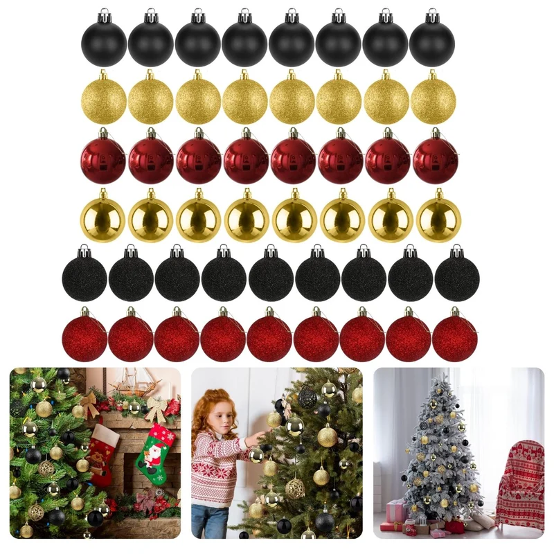 Cheqo® Kerstballen Set - Kerstballenset - Kerstdecoratie - Kerstboom Versieren - Kerstversiering - Onbreekbaar - Met Ophangoogje - Kerstversiering Kerstboom - Mat - Glans - Glitter - 50 Stuks - Rood - Goud - Zwart