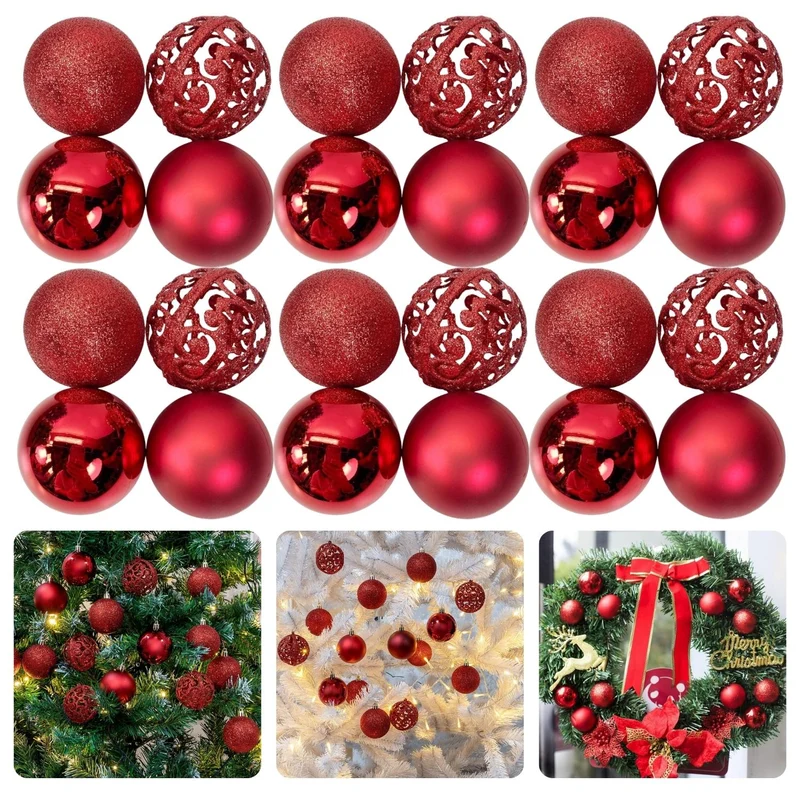 Cheqo® Luxe Kerstballenset - 24 Stuks - Rood - PVC - Onbreekbaar - Kerstboomversiering - Kerstversiering - Verschillende Formaten & Designs - Kerstboom - Kerstballenset - Kerstdecoratie - Christmas - Met Ophangoog - Mat - Glanzend - Glitters