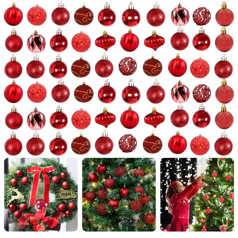Cheqo® Kerstballen Set 60 Stuks - Rood - Kunststof - Onbreekbaar - Kerstboomversiering - Kerstversiering - Verschillende Formaten & Designs - Kerstboom - Kerstballenset - Kerstdecoratie - Christmas - Met Ophangoog - Mat - Glanzend - Glitters