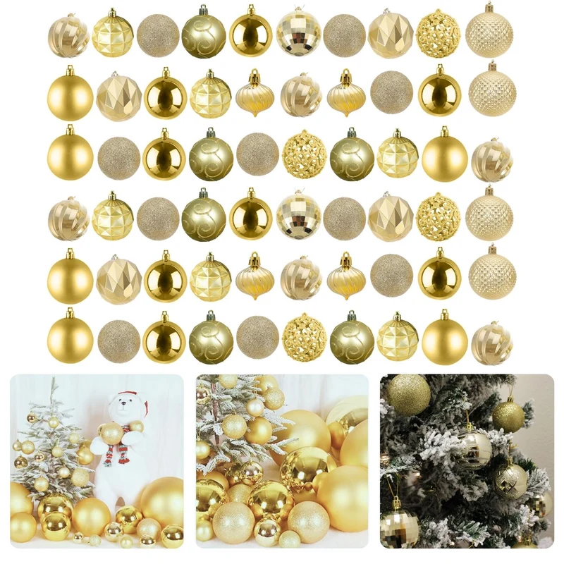 Cheqo® Gouden Kerstballen Set - 60 stuks - Kunststof - Kerstboomversiering - Kerstversiering - Onbreekbaar - Verschillende Formaten & Designs - Kerstboom - Kerstballenset - Kerstdecoratie - Kerst - Christmas