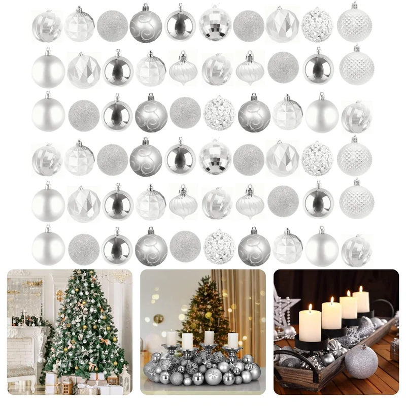 Cheqo® Kerstballen Set - Kerstballenset - Kerstdecoratie - Kerstboom Versieren - Kerstversiering - Onbreekbaar - Met Ophangoogje - Kerstversiering Kerstboom - Mat - Glans - Glitter - 60 Stuks - Zilver