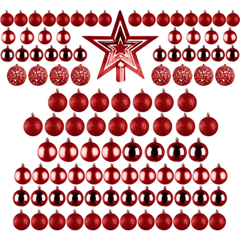 Cheqo® Luxe XL Rode Kerstballen Set - 101 Stuks - Met Piek - Onbreekbaar Kunststof - Kerstboomversiering - Kerstversiering - Verschillende Formaten & Designs - Kerstboom - Kerstdecoratie - Christmas - Met Ophangoog - Mat - Glanzend - Glitters