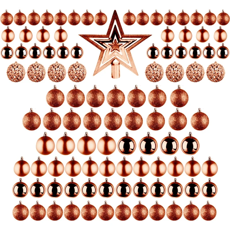 Cheqo® Luxe Bronzen Kerstballen Set - Met Piek - 101 stuks - Kunststof - Kerstboomversiering - Kerstversiering - Onbreekbaar - Verschillende Formaten & Designs - Kerstboom - Kerstballenset - Kerstdecoratie - Kerst - Christmas