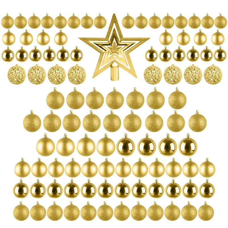 Cheqo® Luxe Gouden Kerstballen Set - Met Piek - 101 stuks - Kunststof - Kerstboomversiering - Kerstversiering - Onbreekbaar - Verschillende Formaten & Designs - Kerstboom - Kerstballenset - Kerstdecoratie - Kerst - Christmas