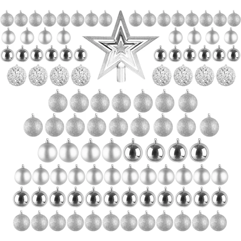 Cheqo® Luxe Kerstballen Set - Kerstballenset - Kerstdecoratie - Kerstboom Versieren - Kerstversiering - Onbreekbaar - Met Ophangoogje - Kerstversiering Kerstboom - Mat - Glans - Glitter - 101 Stuks - Zilver - Verschillende Texturen en Maten - Met Piek