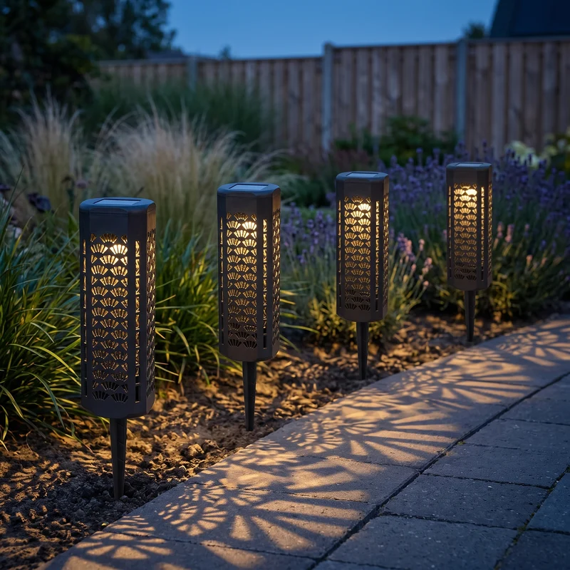 Cheqo® Solar Tuinverlichting - Tuinlampen Set van 4 - Tuinverlichting op Zonne-energie - Sfeerverlichting voor Buiten met Schaduweffect - Padverlichting - Prikspots met Grondspies - Buitenverlichting - Tuinlantaarn - Warm Wit LED Licht