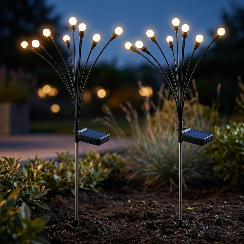 Cheqo® Solar Tuinverlichting Set van 2 - Tuinverlichting op Zonne-energie - Vuurvliegjes - Firefly Lights - Solar Tuinlamp - Buitenverlichting - Sfeerverlichting - Tuinsteker - Prikspots - Tuindecoratie - LED Tuinverlichting - Warm Wit