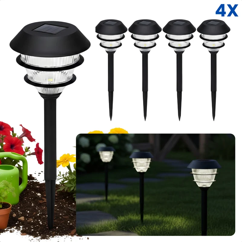 Cheqo® Solar Tuinverlichting - Solar Buitenlamp - Buitenlamp Zonne Energie - Solar Lamp Buiten - Solar Lampen Buiten - Solar Tuinlampen - Solar Priklampen - Solar Tuinverlichting Warm Wit - Zwarte Solar Buitenlamp - Solar Lampen Set 4