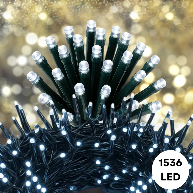 Cheqo® Kerstverlichting - Kerstlampjes - Kerstboomverlichting - 1536 LED - Wit Licht - Koelwit - Verlichte Lengte 1990 CM - 8 Lichtfuncties - Geheugenfunctie - Automatische Timer - 8 Uur aan 16 Uur Uit - IP44 Adapter - Binnen en Buiten
