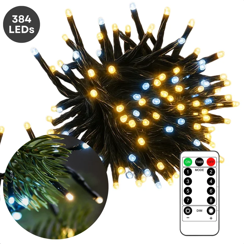 Cheqo® Kerstverlichting - Kerstlampjes - Kerstboomverlichting - 384 LED - Twotone Verlichting - Warm Wit en Wit - 8 Lichtfuncties - Automatische Timer - Binnen en Buiten - IP44 Adapter - Cluster Kerstverlichting - 490 CM Lengte - Geheugenfunctie