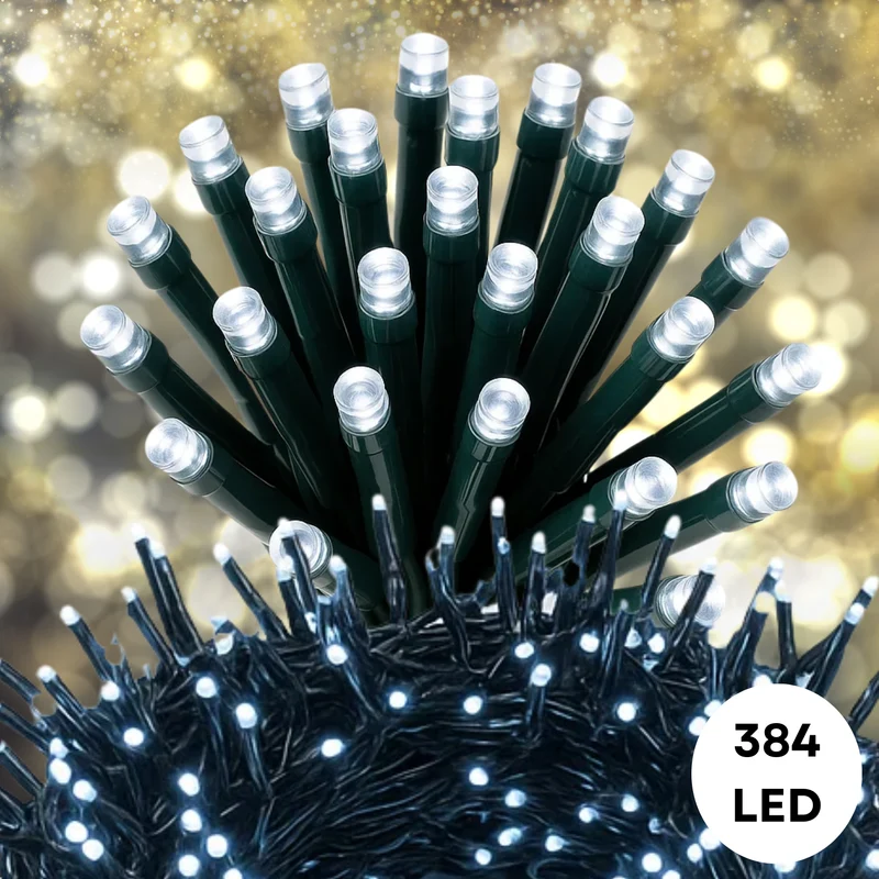 Cheqo® Kerstverlichting - Kerstlampjes - Kerstboomverlichting Wit - 384 LED Lampjes - Koel Wit Licht - Binnen en Buiten - IP44 Adapter - Automatische Timer - 8 Lichtfuncties - Geheugenfunctie - Zwart Snoer - Witte Kerstlampjes