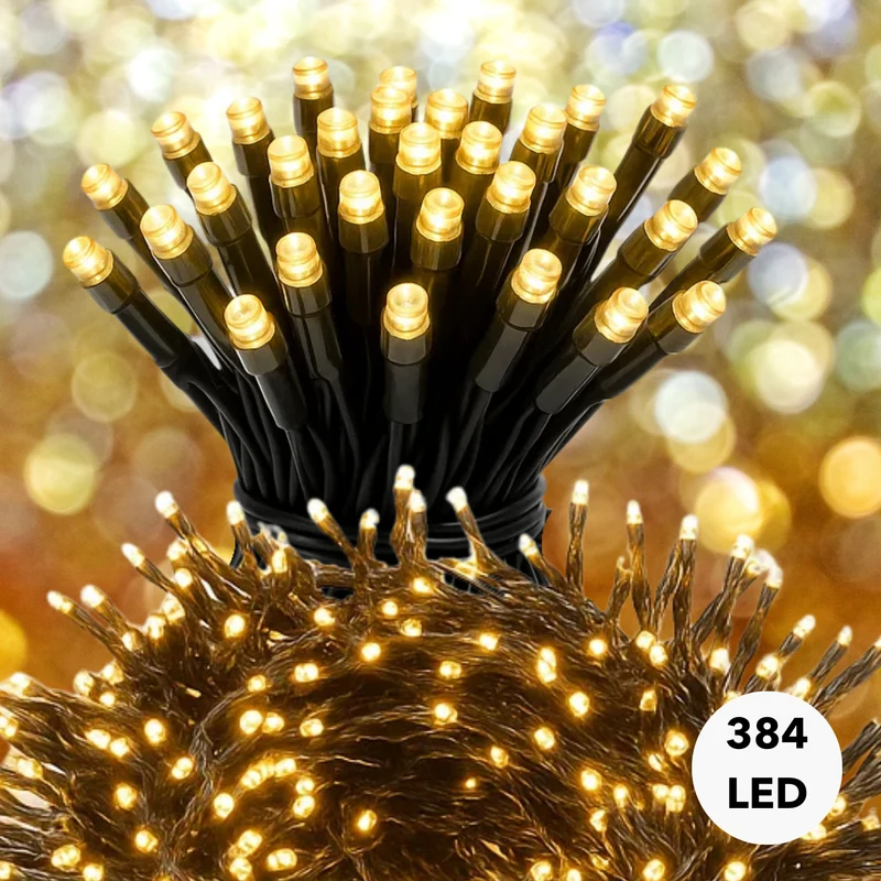 Cheqo® Kerstverlichting - Kerstlampjes - Kerstboomverlichting - 384 LED - Extra Warm Wit - Warm Witte Verlichting - Verlichte Lengte 490 CM - 8 Lichtfuncties - Automatische Timer - Binnen en Buiten - IP44 Adapter - Romantische Verlichting