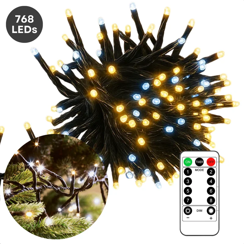 Cheqo® Kerstverlichting - Kerstlampjes - Kerstboomverlichting - 768 LED - Twotone Verlichting - Warm Wit + Wit - Verlichte Lengte 990 CM - 8 Lichtfuncties - Automatische Timer - Binnen en Buiten - IP44 Adapter - Cluster Kerstverlichting