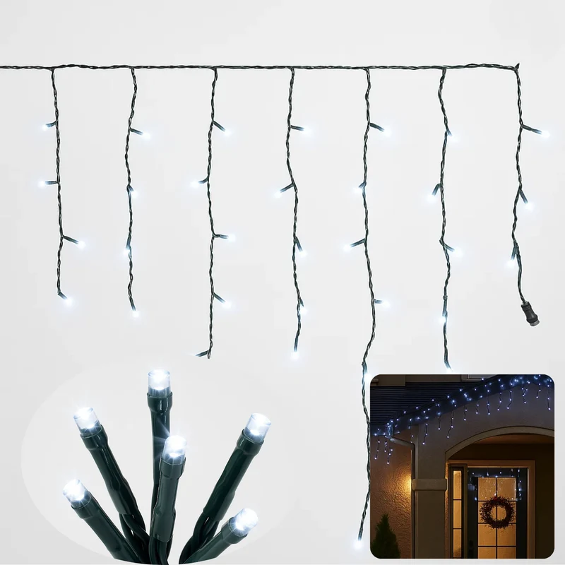 Cheqo® Ijspegel Verlichting - Kerstverlichting Buiten - Ijspegelverlichting 180 LED - Wit Licht - Koelwit - 6 Meter Lengte - IP44 Adapter - Geschikt voor Buiten - Timer Functie - 8 Lichtfuncties met Geheugen - Groen Snoer