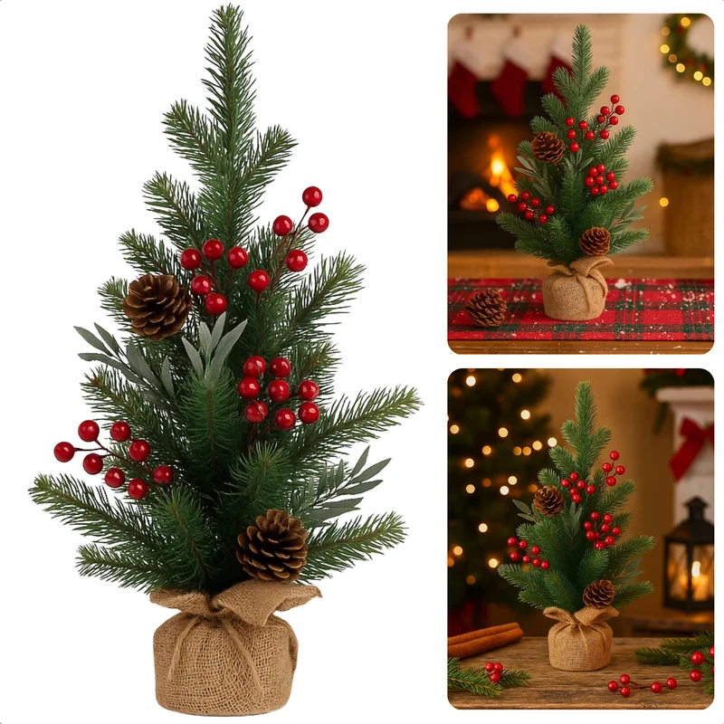 Cheqo® Kunst Kerstboompje - Decoratie Kerstboom - 45 cm Hoog - Rode Bessen - Jute Zak - Groen/Rood - Mini Kerstboom - Kerstboom Met Bessen - Decoratieve Boom - Kerstboom Voor Binnen - Kerstboom Zonder Verlichting - Compacte Kerstboom