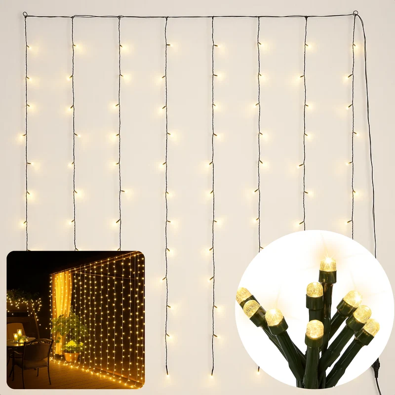 Cheqo® Gordijnverlichting Warm Wit - LED Gordijn - Watervaleffect - 220 LED Lampjes - 200x100 Cm - Lichtgordijn Binnen En Buiten - Kerstverlichting - Transparante Kabel - IP44 Bescherming - 5 Functies Geheugen - Ijspegel Verlichting
