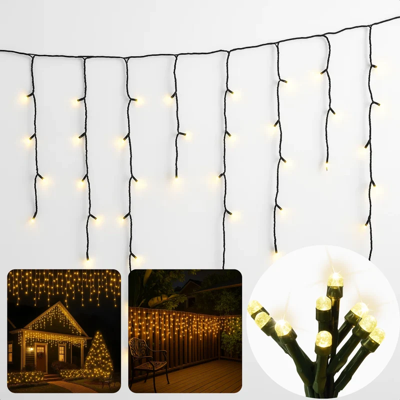 Cheqo® Ijspegel Verlichting - Lichtgordijn - 360 LED's - 12 Meter - Warm Wit - Binnen En Buiten - LED Lampjes - Kerstverlichting - IP44 Adapter - 3 Meter Aanloopsnoer - Lange En Korte Strengen - 52 cm Strengen - Energiezuinig