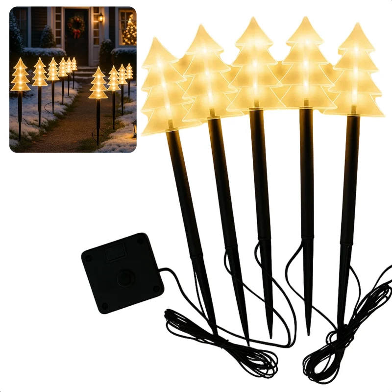 Cheqo® LED Tuinsteker - Kerstboom Tuinsteker - Warm Witte LED Verlichting - Set Van 5 - Met Timer - Acryl Kerstboom - Kunststof Grondpen - Werkt Op Batterijen - Automatische Timer - IP44 Geschikt Voor Buiten - 3xAA Batterijen - Hoogte 37cm