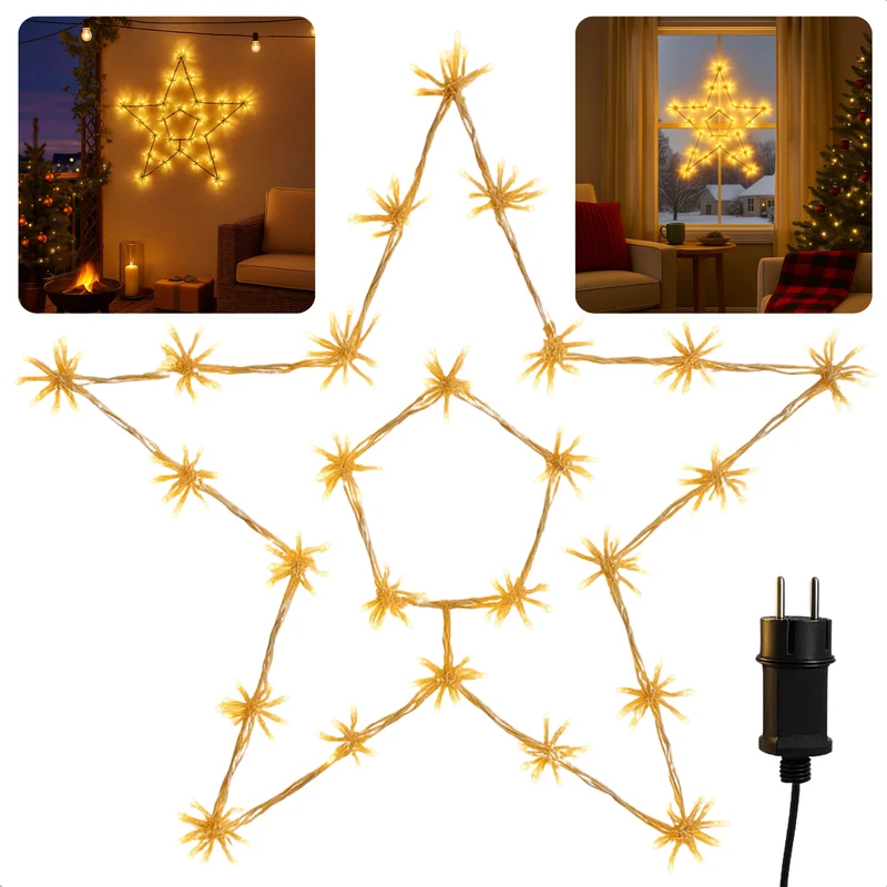 Cheqo® Kerstster 250 Led - Warm Wit Licht - Ø60cm Kerstdecoratie - Binnen En Buiten Gebruik - IP44 Beschermwaarde - Firework Effect Verlichting - 5 Meter Aansluitsnoer - Verlichte Kerstster - Blikvanger Kerstverlichting - Clusterverlichting