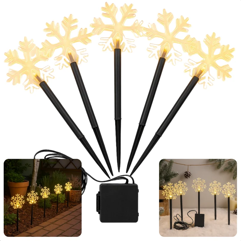 Cheqo® LED Tuinstekers - Sneeuwvlok Verlichting - Set Van 5 - Warm Wit LED - Buitenverlichting - IP44 Waterdicht - Acryl Sneeuwvlok - Kunststof Grondpen - Batterij Aangedreven - Automatische Timer - 8 Uur Aan Timer - 16 Uur Uit Timer