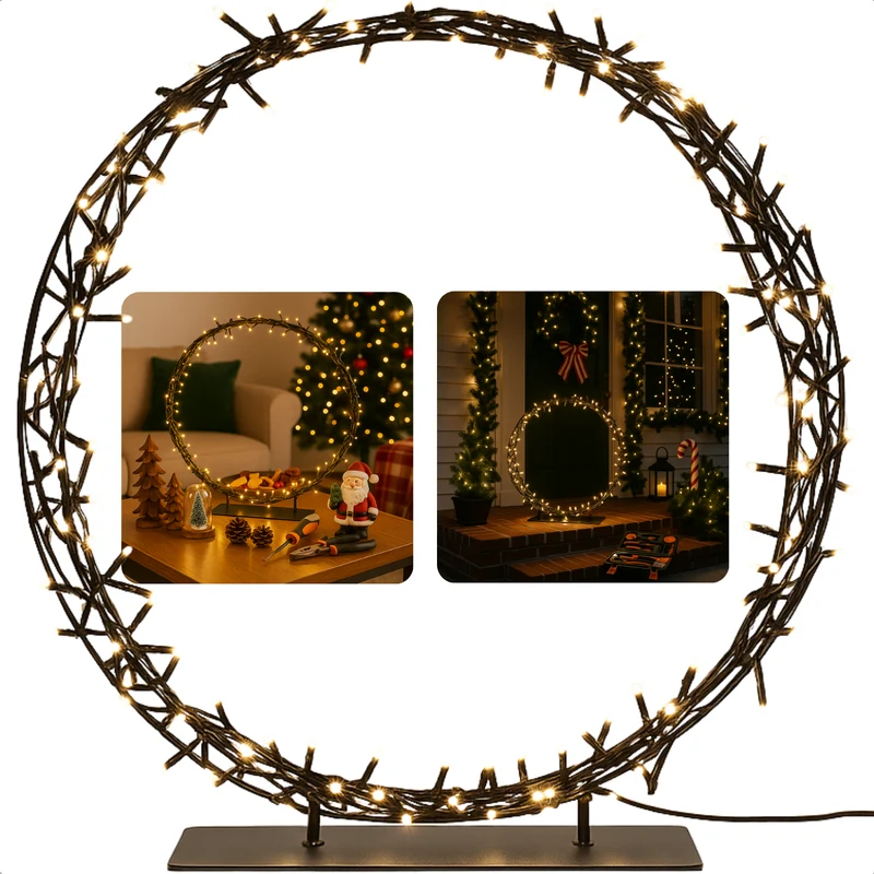 Cheqo® Kerstkrans Op Standaard - 200 Led Verlichting - 40 cm Diameter - Warm Wit Licht - Automatische Timer - Binnen En Buiten Gebruik - Metalen Standaard - IP44 Adapter - Met Timer - Kerst Krans - Kerstverlichting