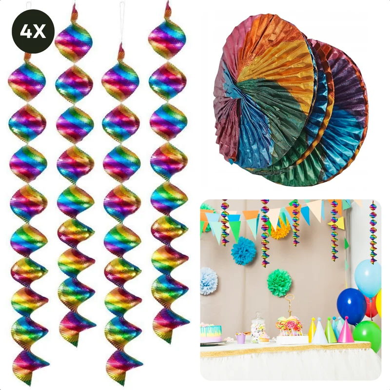 Cheqo® Regenboog Rotorspiralen - Slingers - Swirl Feestdecoratie 60 cm - Lichtreflecterende Folie - Verjaardag Versiering - Set van 4