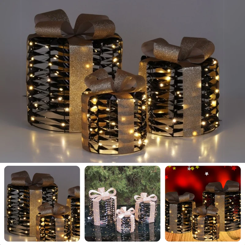 Cheqo® Kerstdecoratie Verlichting - Kerst Cadeau Versiering - Kerstcadeaus - Kerstverlichting - Kerst Figuur - Kerstlampjes - Kerstversiering - LED Cadeauset - Voor Binnen - Zwart en Goud - Kunststof