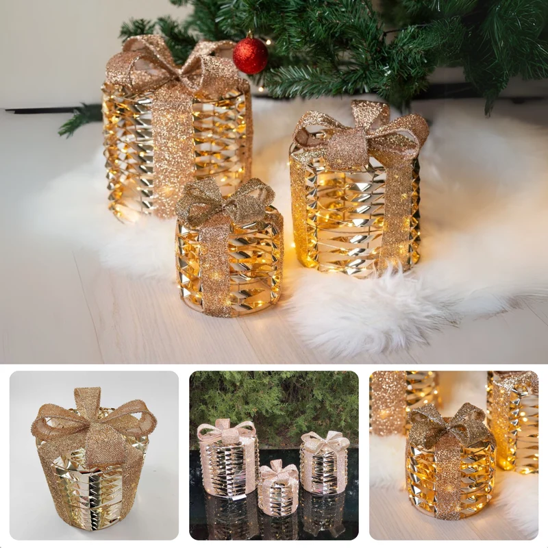 Cheqo® Kerstdecoratie Verlichting - Cadeau Set - Kerstverlichting - Kerst Figuur - Kerstlampjes - Kerstversiering - Gouden Cadeauset - LED Timer - Kunststof & Metaal