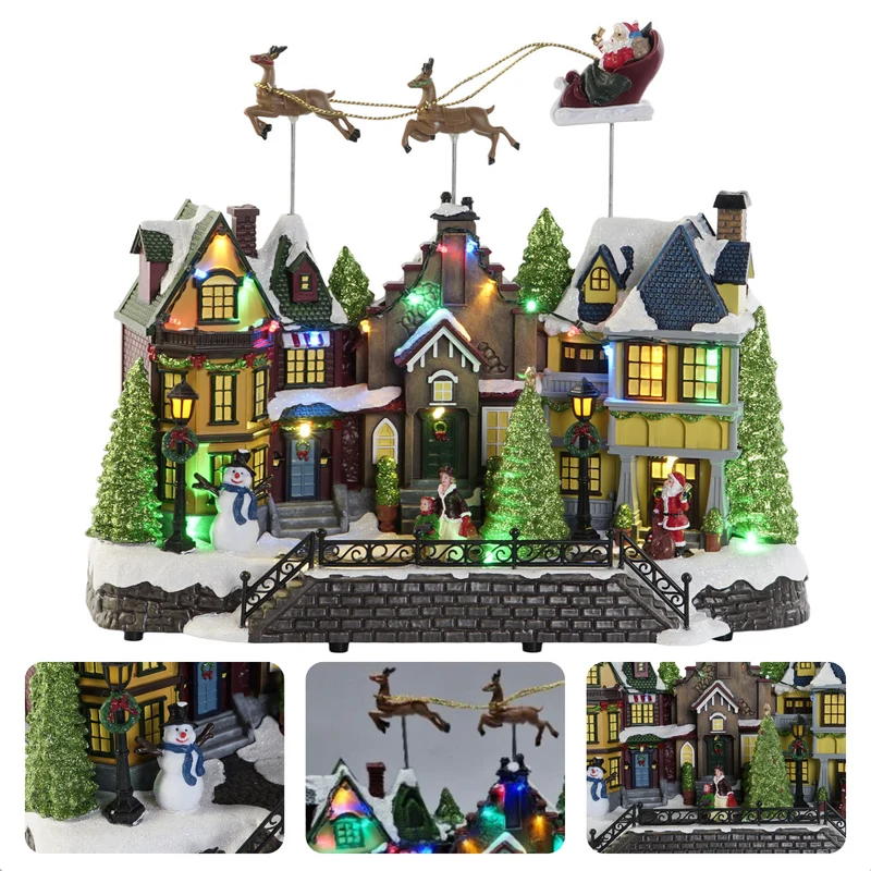 Cheqo® Kerstdorp Vliegende Arreslee - Kersthuisje - Kersttafereel met LED Verlichting - 35 cm - Kunststof - Met Muziek