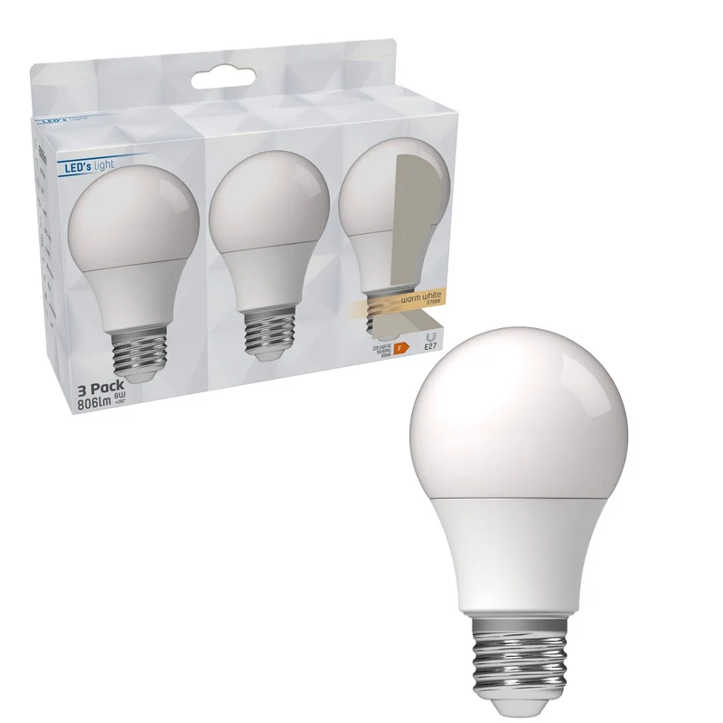 LED Lamp E27 - 806 lumen - Warmwit 2700K - 8W vervangt 60W - 3 Stuks