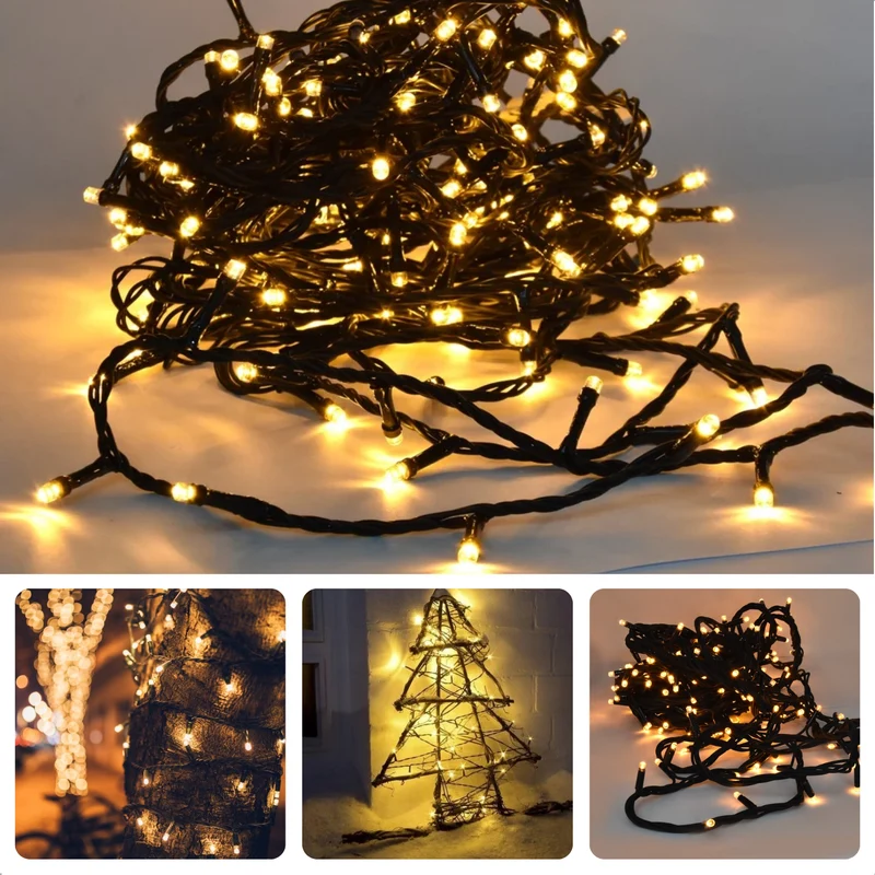 Cheqo® Koppelbare Kerstverlichting voor Buiten - Kerstlampjes - Kerstboomverlichting - 100 LED Warm Wit - 10m Buiten IP44 - Zwart Snoer
