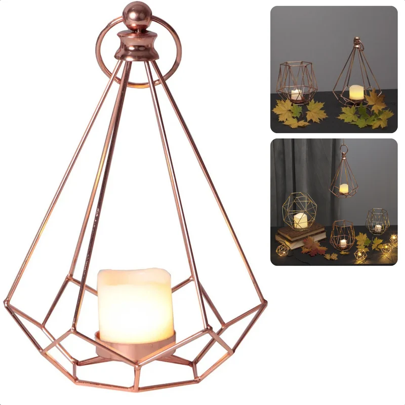 Cheqo® Koperkleurige Lantaarn - Tafellamp - Kaarsenhouder met LED Kaars - Sfeerverlichting Binnen - Decoratief