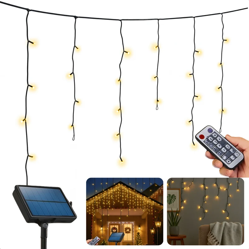 Cheqo® Solar Ijspegelverlichting - Ijspegel Verlichting - Kerstverlichting Buiten - 780 cm Lichtgordijn - 240 LED - USB - Afstandsbediening - Warm Wit licht - Timer - 13 Functies met Geheugen