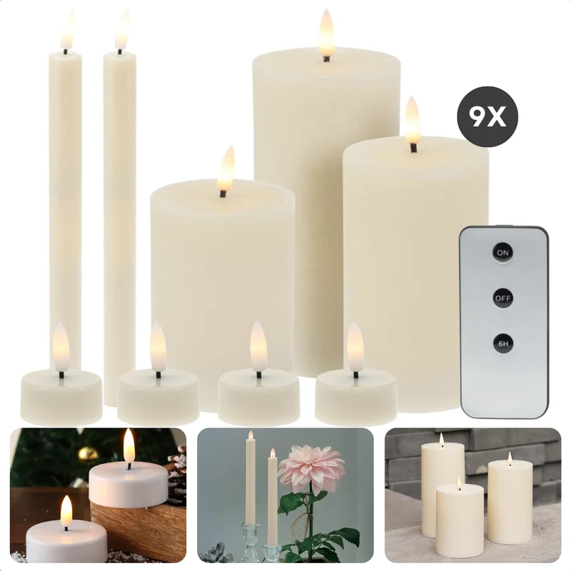 Cheqo® Oplaadbare LED Kaarsen met Bewegende Vlam - 9-Delig - Witte Wax - Met Afstandsbediening - Nep Kaarsen met Flikkerende Vlam - Dinerkaarsen