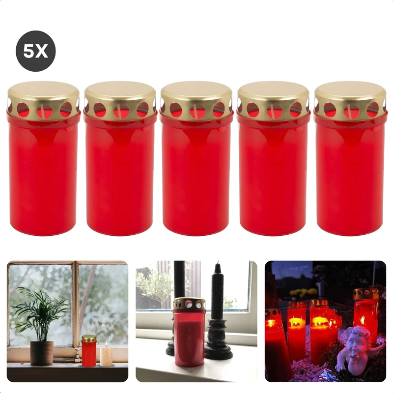 Cheqo® Herdenkingslicht Set - Noveenkaarsen - Noveenkaars - Herdenkingslichten Set - Rood/Goud - Grafkaarsen met Deksel - 5 Stuks - Voor Buiten