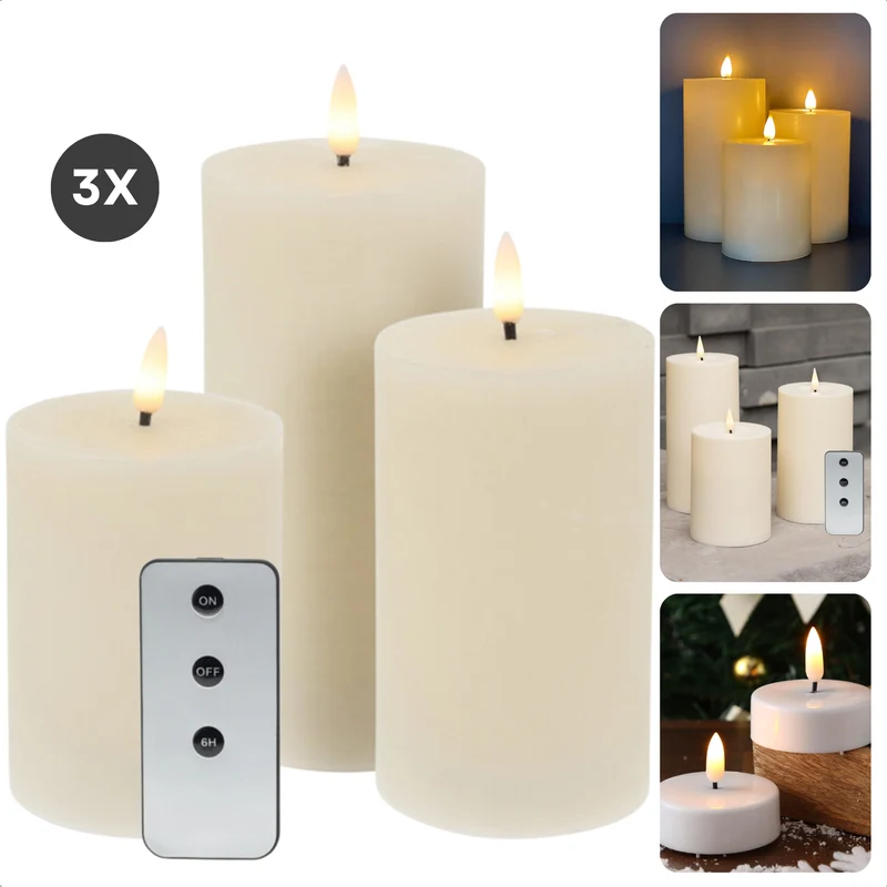 Cheqo® Oplaadbare LED Kaarsen met Bewegende Vlam - 3-Delig - Witte Wax - Met Afstandsbediening en Timer - Nep Kaarsen met Flikkerende Vlam - Dinerkaarsen