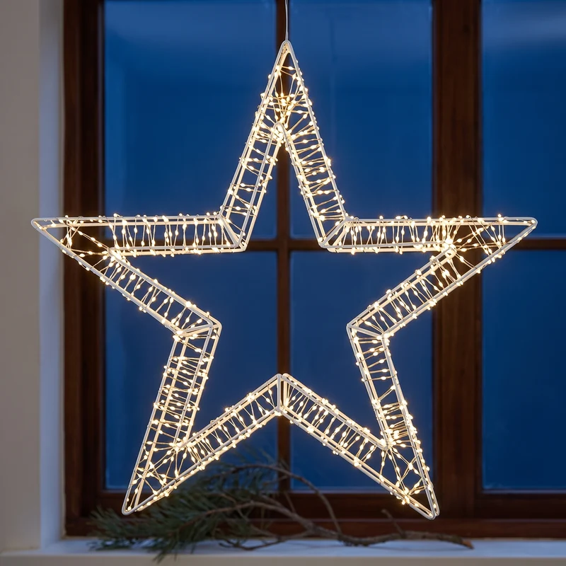 Cheqo® Kerstster 56 cm met 1200 LED - Kerstverlichting - Kerstdecoratie - Raamdecoratie - Tuinverlichting - Buitenverlichting - Lichtster - Kerstlampjes - Hangdecoratie - met Timer - Warm Wit - Wit Metalen Frame - voor Binnen en Buiten