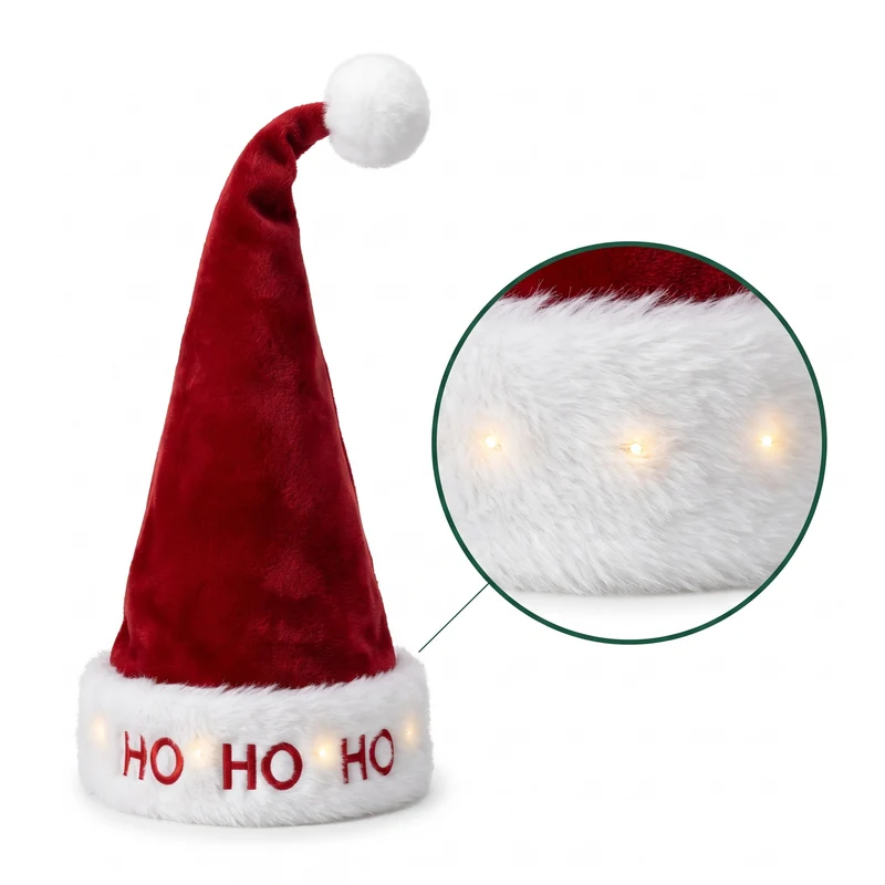 Cheqo® Kerstmuts met Lichtjes - LED Kerstmuts voor Kinderen - Lichtgevende Kerstmuts met Veer - Bewegende Pluche Kerstmuts - Rode Kerstmuts met Pompon - Ho Ho Ho Kerstmuts - Foute Kerstmuts - Kerstkleding - Kerstaccessoires - Kerstcadeau