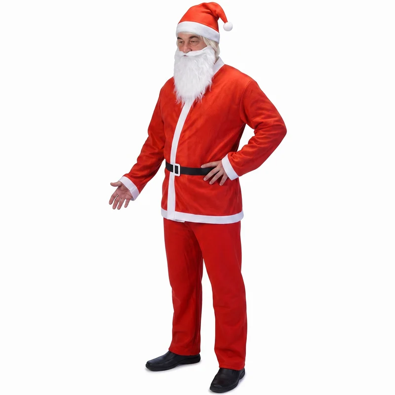 Cheqo® Kerstmanpak Set van 5 - 5-Delig Kerstman Kostuum - Kerstpak voor Volwassenen - Verkleedkleding voor Heren - Kerstman Outfit met Baard en Muts - Jas - Broek - Riem - Santa Kostuum - Kerstkleding voor Kerstfeest en Santa Run - Rood