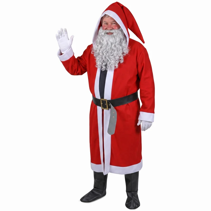 Cheqo® Kerstmanpak met Lange Mantel en Capuchon - 5-Delig - Kerstman Kostuum - Kerstmantel - Kerstmannenpak - Kerstman Jas - Verkleedkleding - Verkleedpak voor Volwassenen en Heren - met Baard - Riem - Handschoenen en Overzetschoenen - One Size