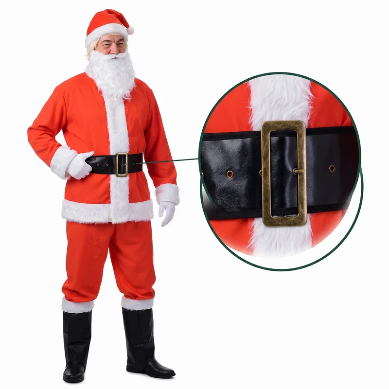 Cheqo® Kerstmanpak 9-Delig - Kerstman Kostuum - Kerstmannenpak - Kerstpak - Kerst Kostuum - Compleet Kerstman Pak - Luxe Kerstman Outfit - Verkleedkleding voor Volwassenen en Heren - met Muts en Baard - Universele Maat - Kerstkleding