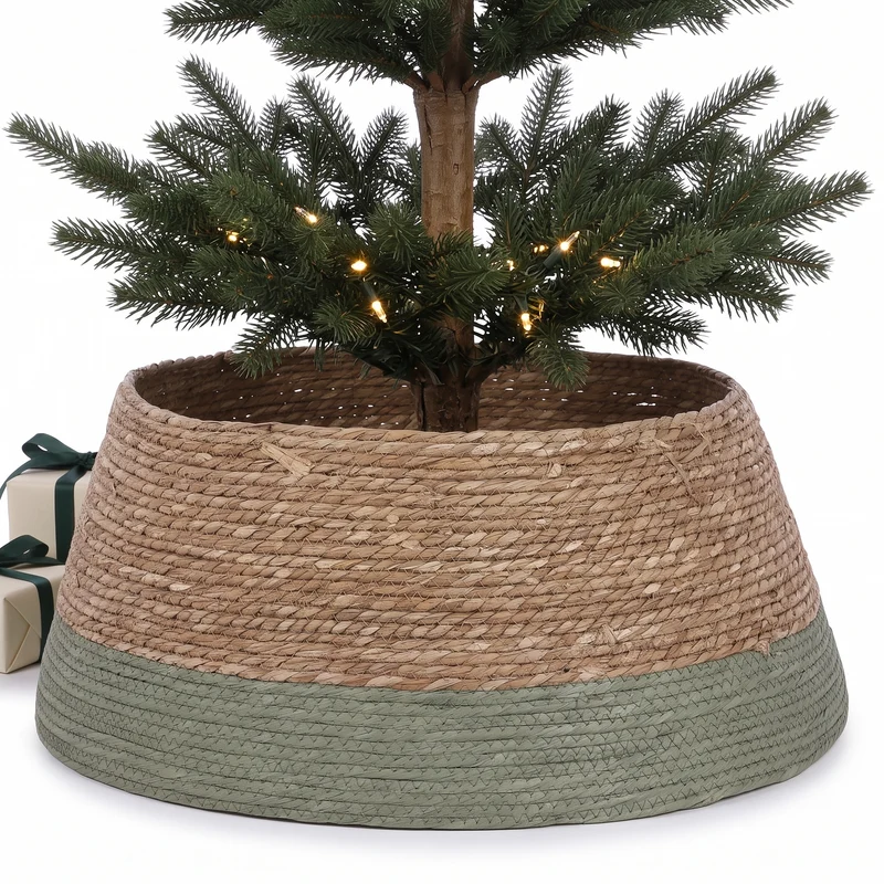 Cheqo® Kerstboomrok - Kerstboommand van Gevlochten Zeegras - Kerstboomvoet - Kerstdecoratie - Kerstboomkraag - Kerstboomring - Hoes om de Kerstboomstandaard - Mand voor Kerstboom - voor Echte en Kunstkerstboom - Groen en Naturel