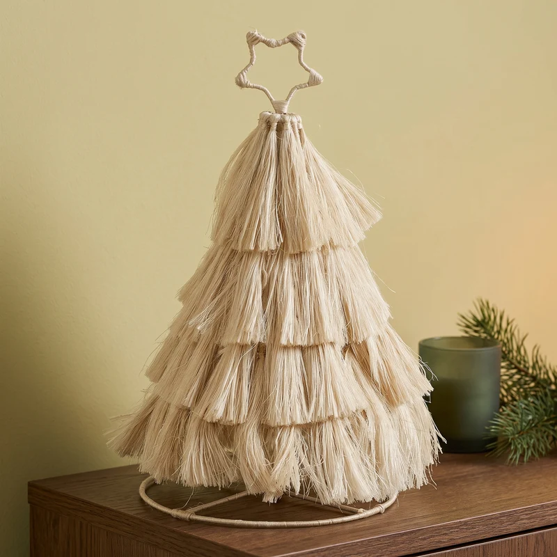 Cheqo® Decoratieve Kerstboom - Kerstdecoratie Boom - Tafelkerstboom - Mini Kerstboom - Kerstboomfiguur - Kerstboom op Voet - Tafeldecoratie Kerst - Kerstversiering voor Binnen - Jute Kerstboom - Beige Kerstboom - Kerstboom met Ster