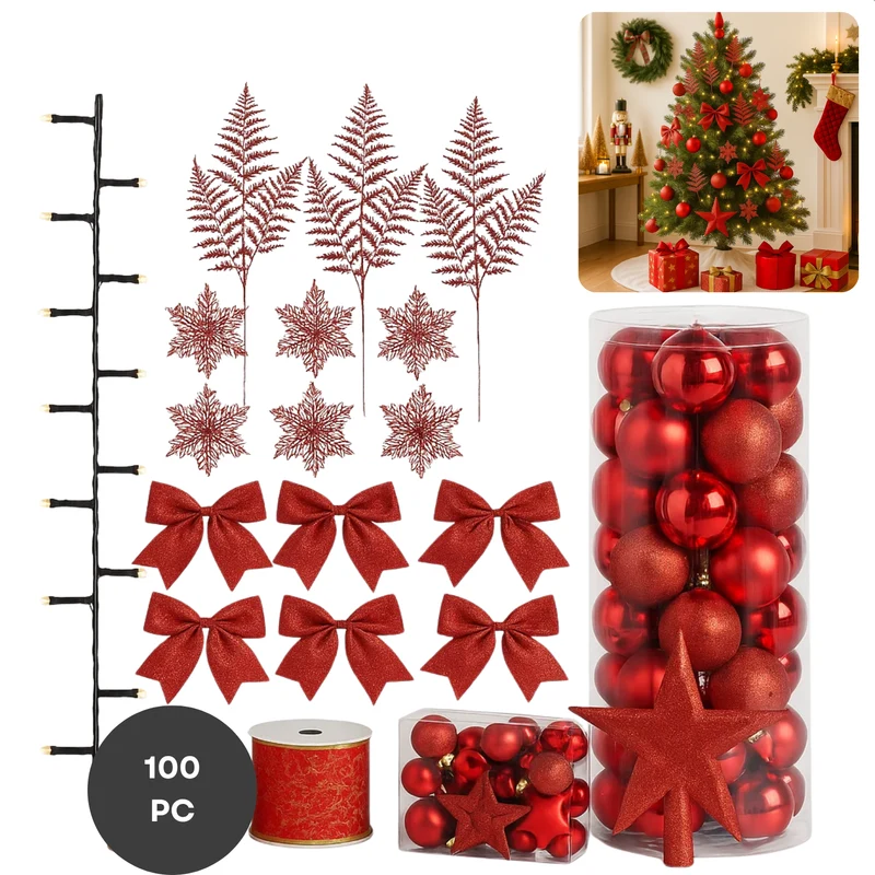 Cheqo® Kerstversiering Set - Rode Kerstdecoratie - Kerstboom Versiering - Kunststof Kerstballen - Luxe Decoratieset - Rode Kerstballen - Kerstboom Verlichting - Warmwitte Led-Lampjes - Onbreekbare Kerstballen
