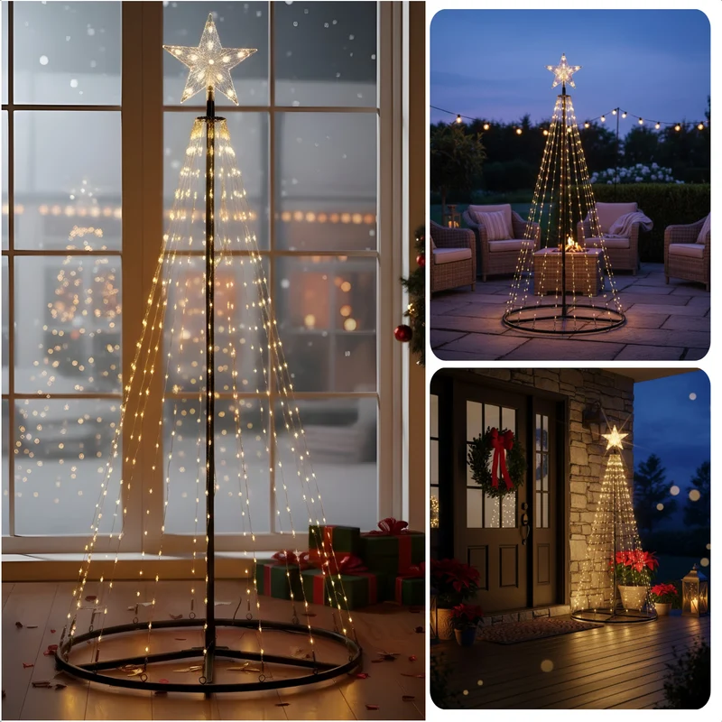 Cheqo® LED Kerstboom Vlaggenmast - Vlaggenmast Verlichting - Warm Wit LED met Afstandsbediening - Kerstverlichting Buiten - Zwart Frame - 150 cm - IP44 Adapter - Binnen En Buiten - Metalen Frame - LED Kerstboom