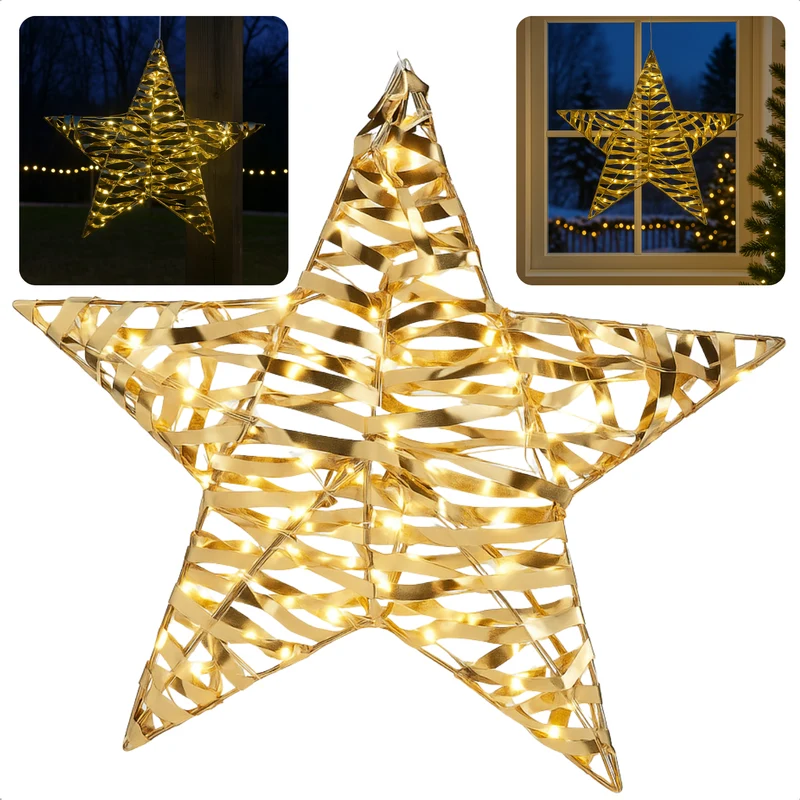 Cheqo® Verlichte Kerstster - Gouden Kerstster - 60 Led Lampjes - Warm Wit Licht - Microled Verlichting - Kerstdecoratie Binnen - Metalen Kerstster - Kunststof Kerstster - Timer Functie - Batterij Aangedreven - Gouden Kerstster - Kerst Ster